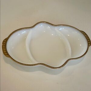 Fireking White and Gold Divided Serving Dish